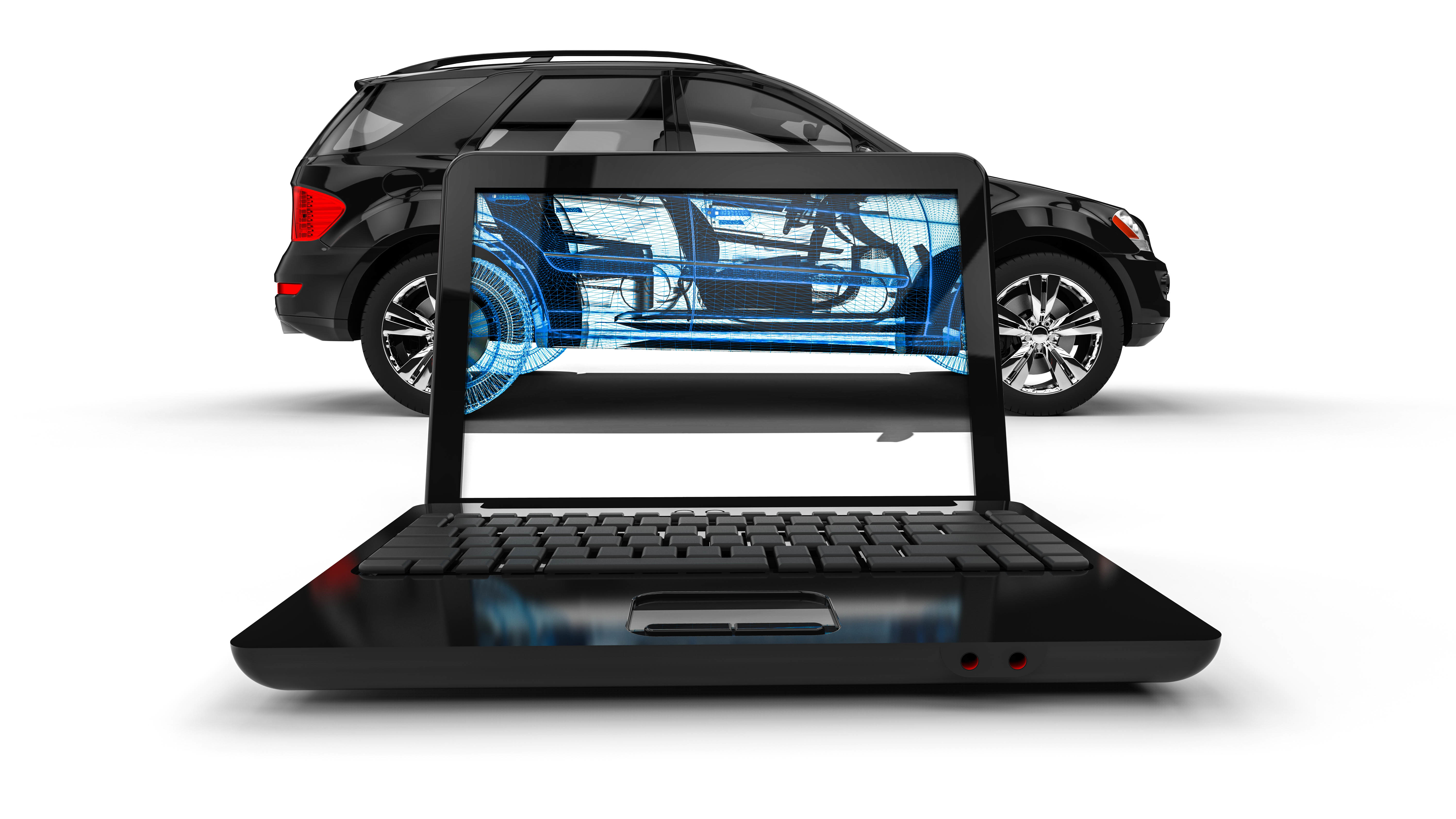 Wire Frame SUV / 3D render image representing an luxury SUV in wire frame on laptop