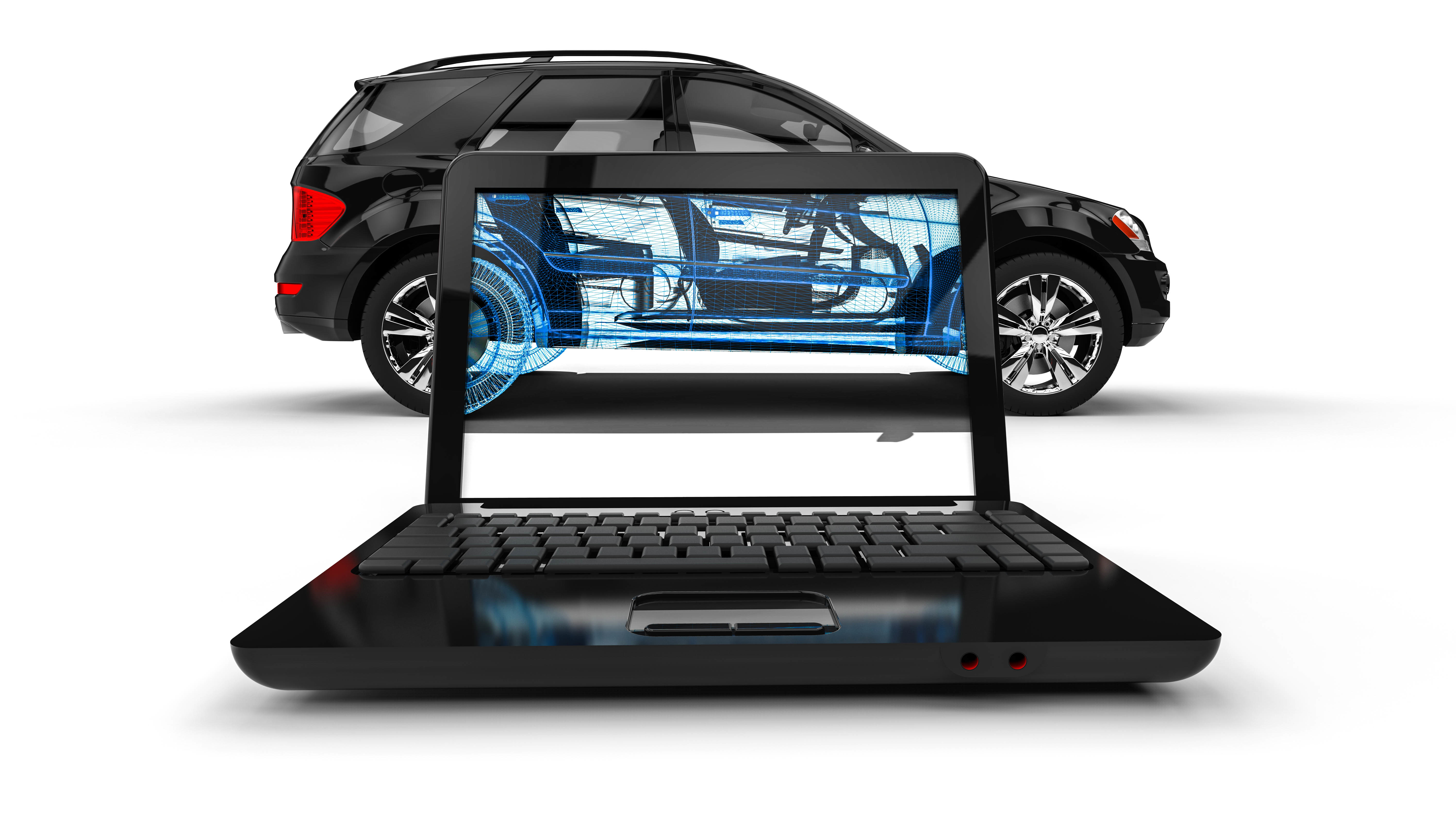 Überprüfung SUV am Laptop Wire Frame SUV / 3D render image representing an luxury SUV in wire frame on laptop