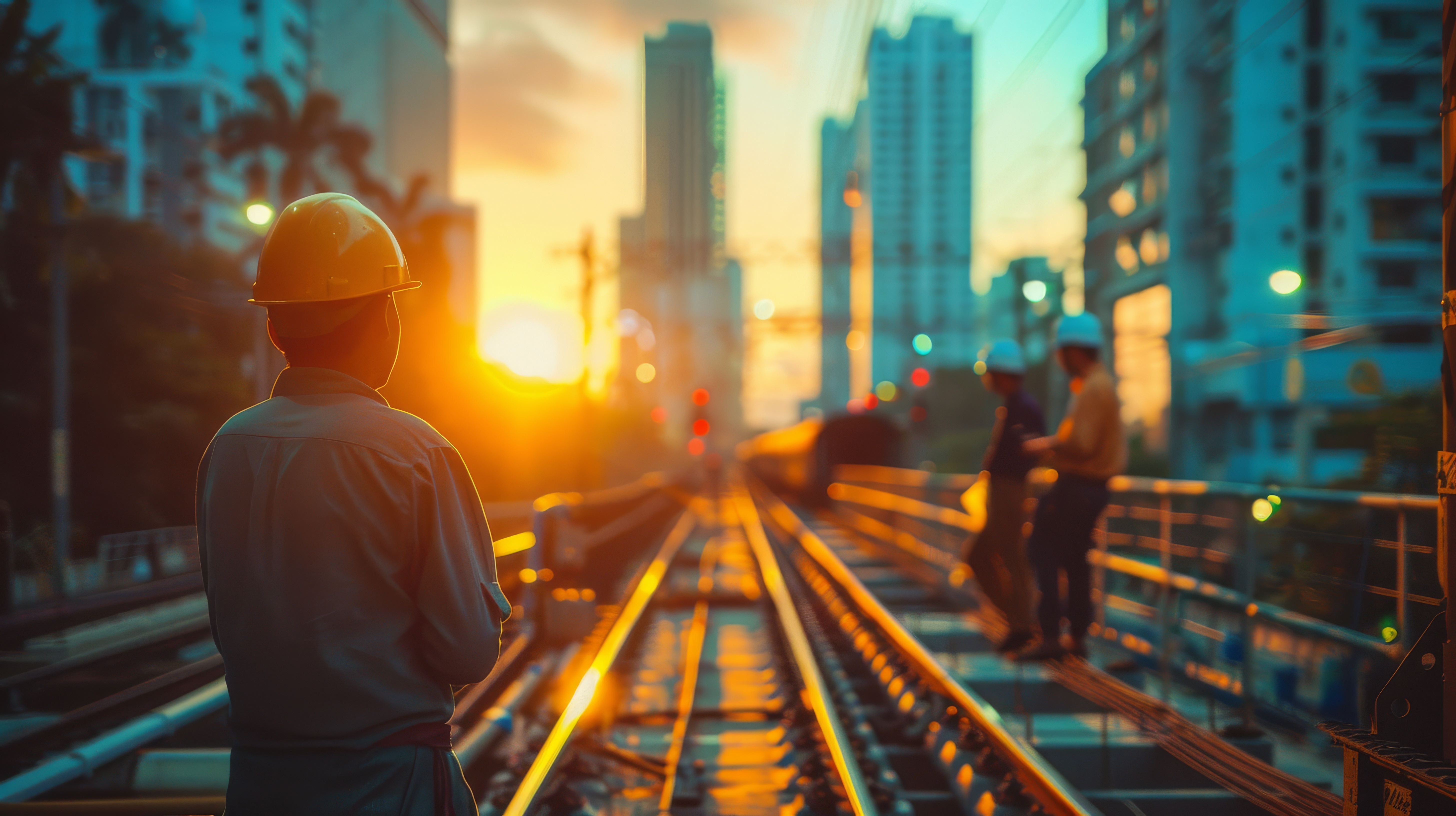A worker is looking at the sunset on a railway track