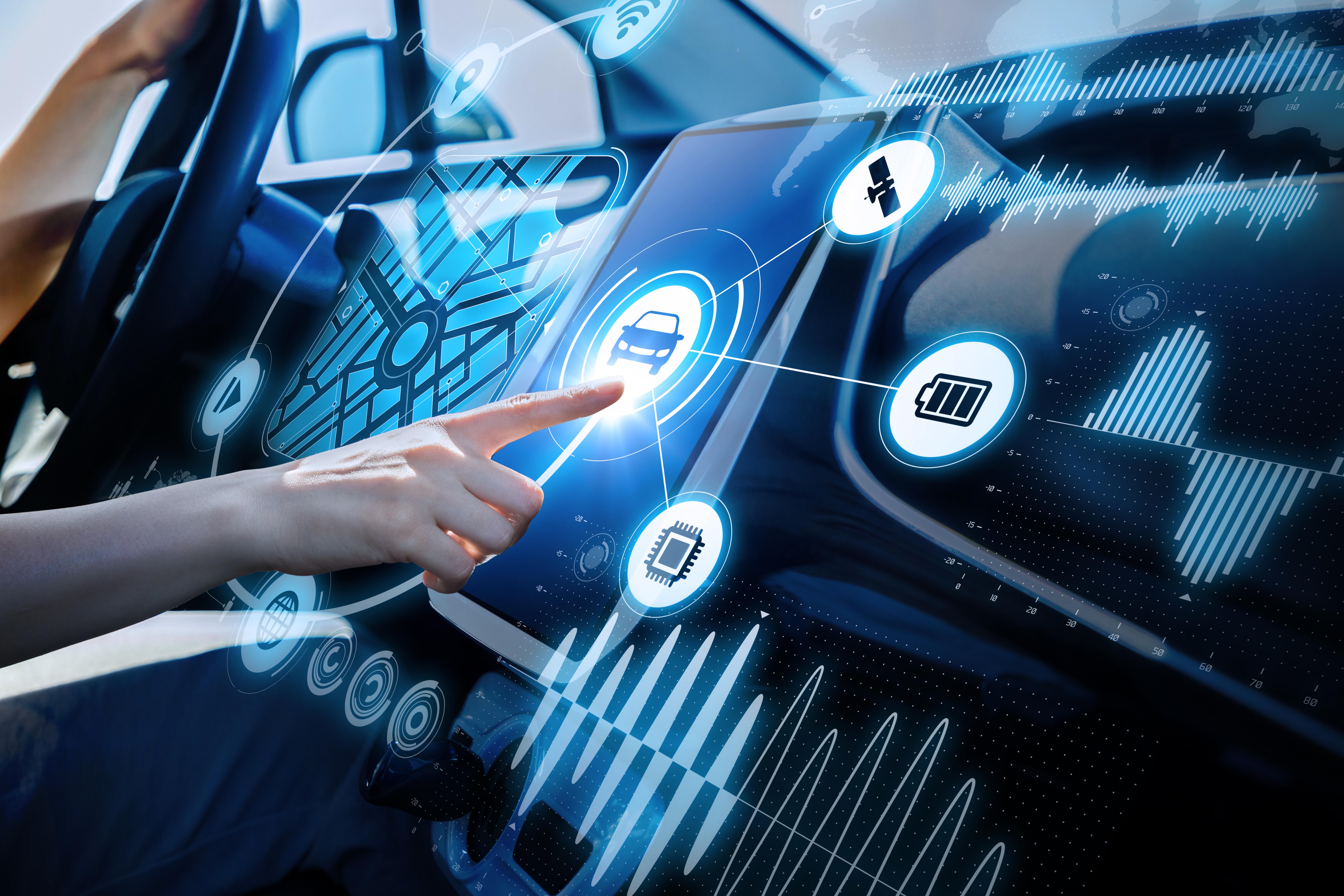 futuristic vehicle and graphical user interface(GUI). intelligent car. connected car. Internet of Things. Heads up display(HUD).